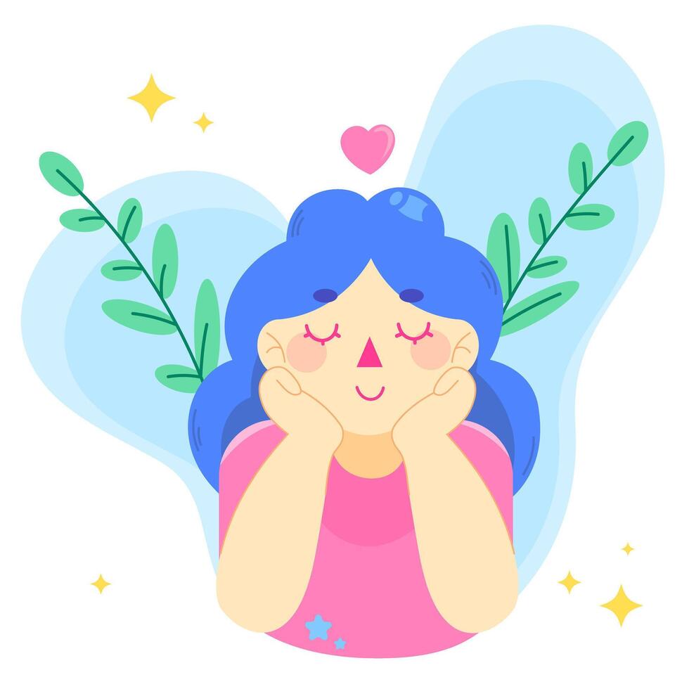 Vector icon with a girl in pink and blue flowers on a blue background with eucalyptus sprigs, stars and a heart