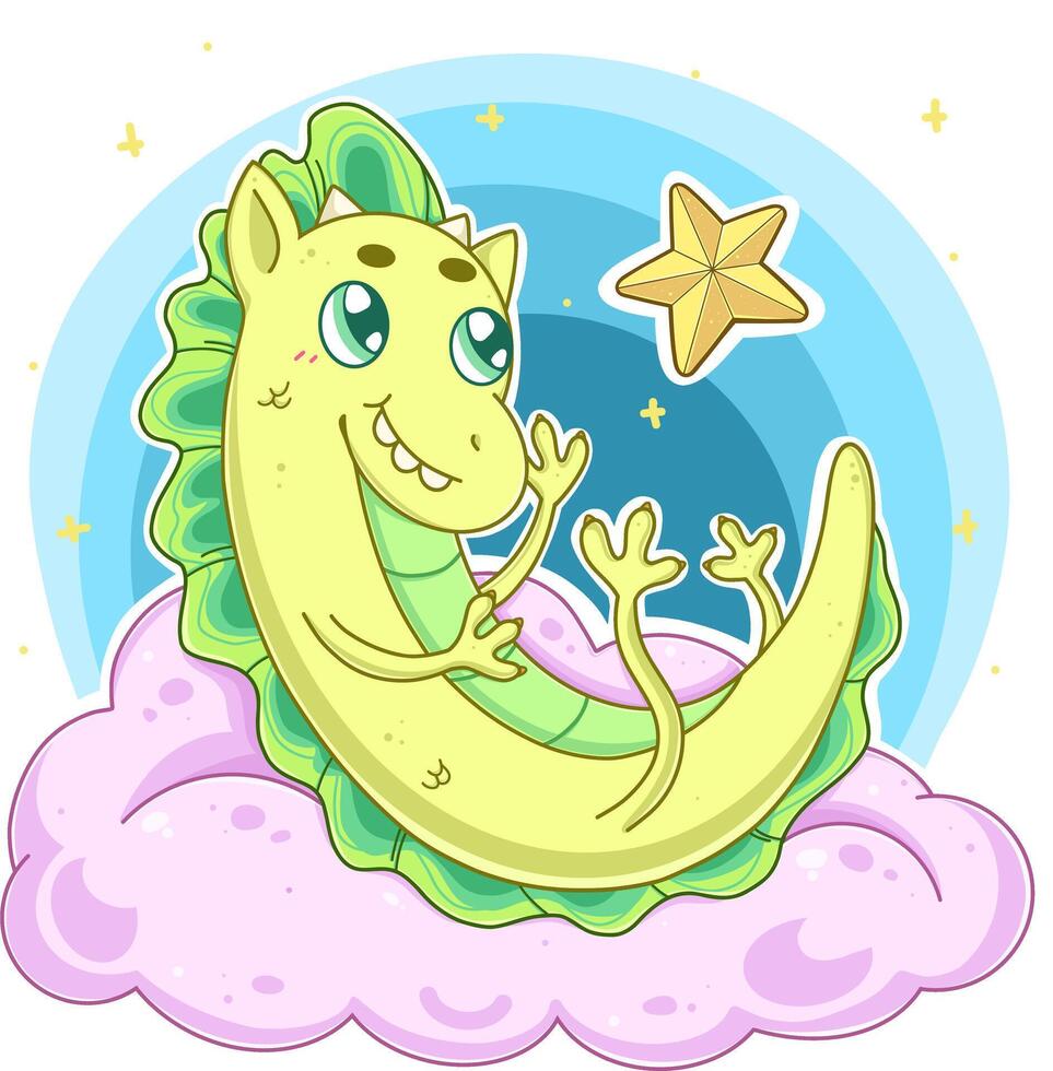 Cute green baby dragon on a pink fluffy cloud with many sparkling stars around it and one big golden star vector