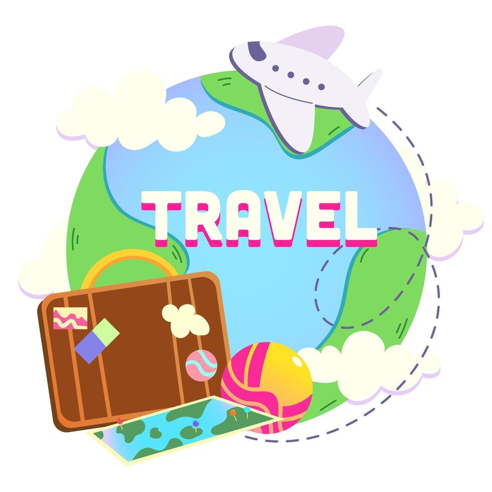 Color vector illustration depicting a travel theme. Earth, clouds, plane, path, map, suitcase, ball