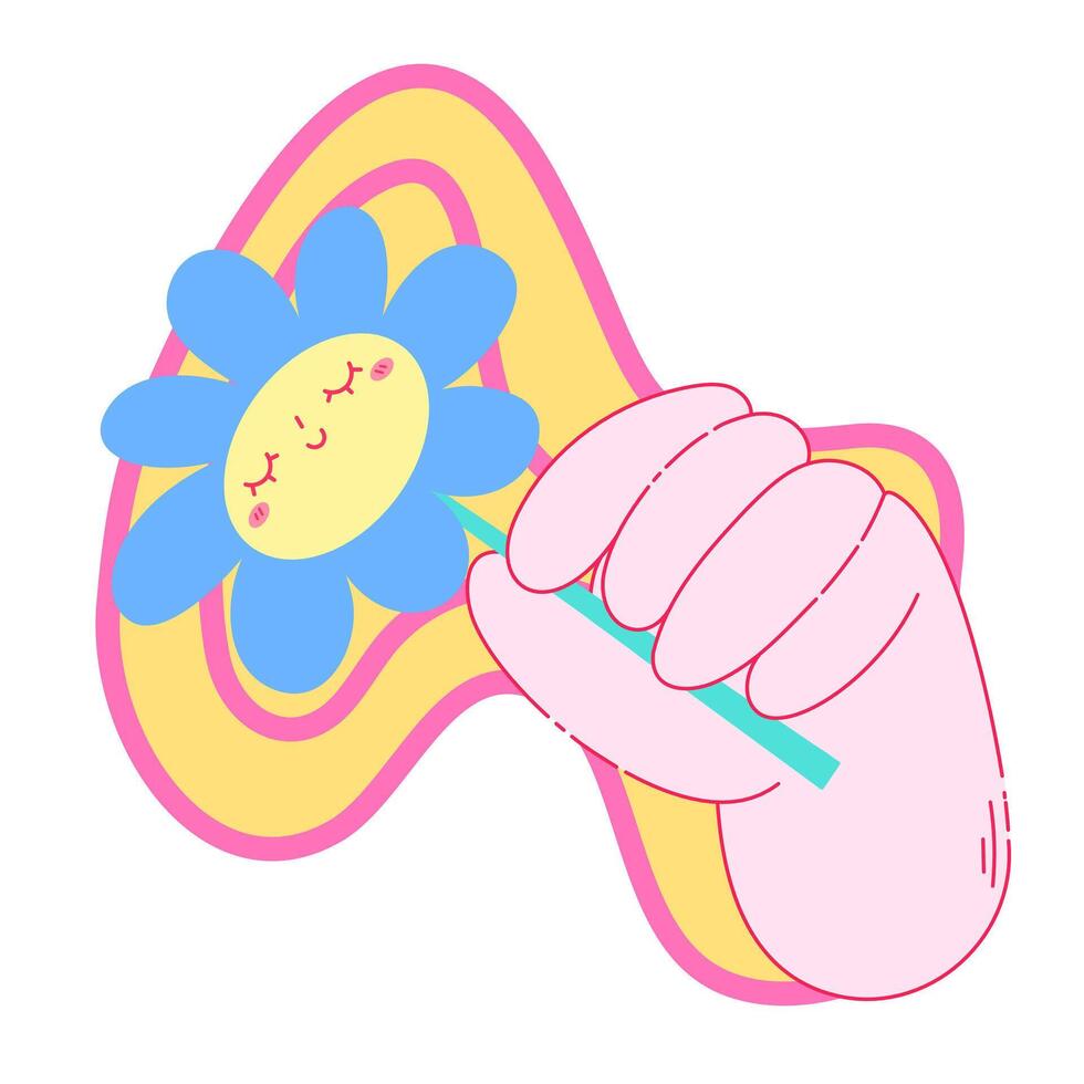 Colored vector illustration with hand holding flower in retro style