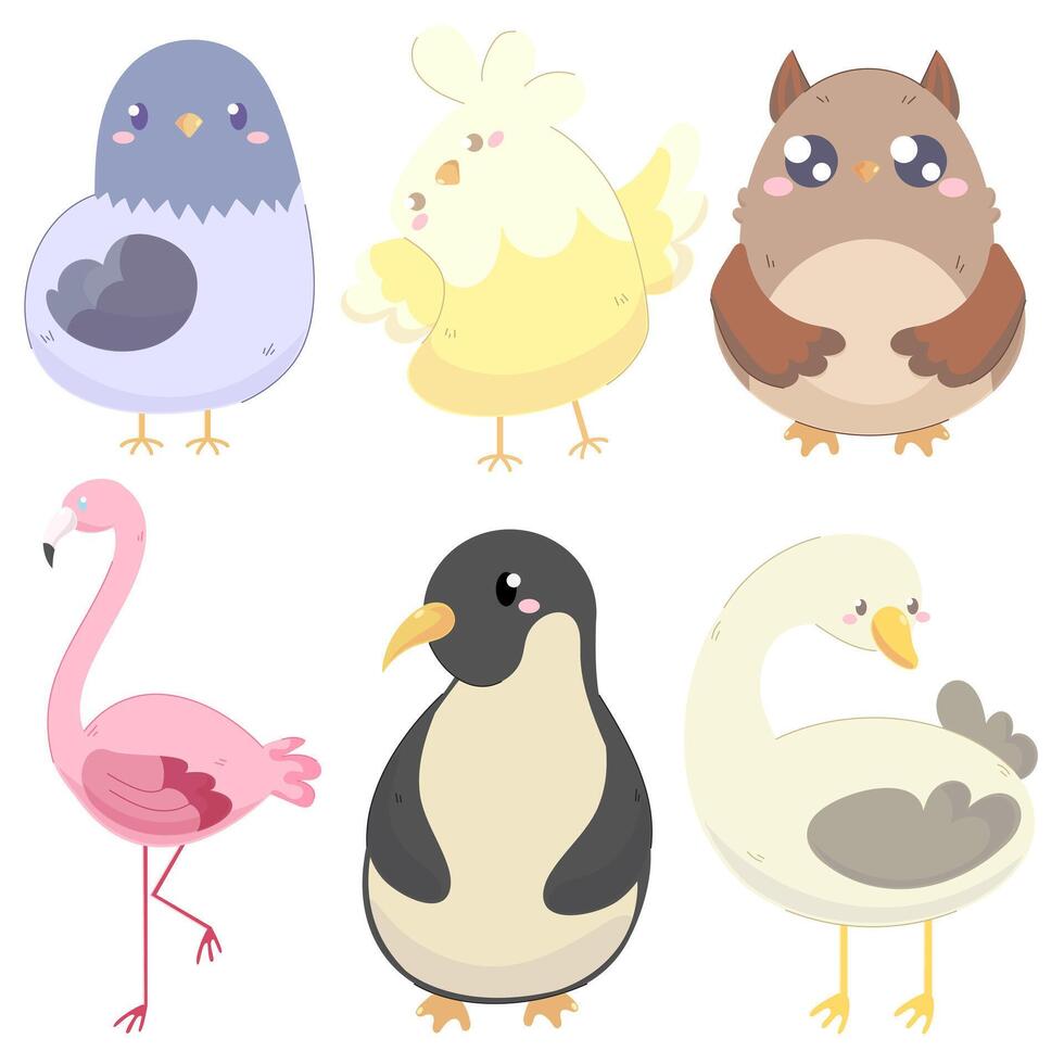 Set of vector icons with birds. pigeon, parrot, owl, flamingo, penguin, goose