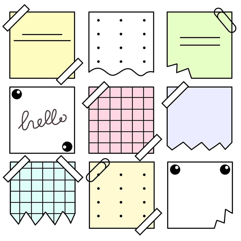 vector conjunto de íconos con notas y pegatinas en color y negro y blanco. papel clips, cinta, pegatinas, hojas