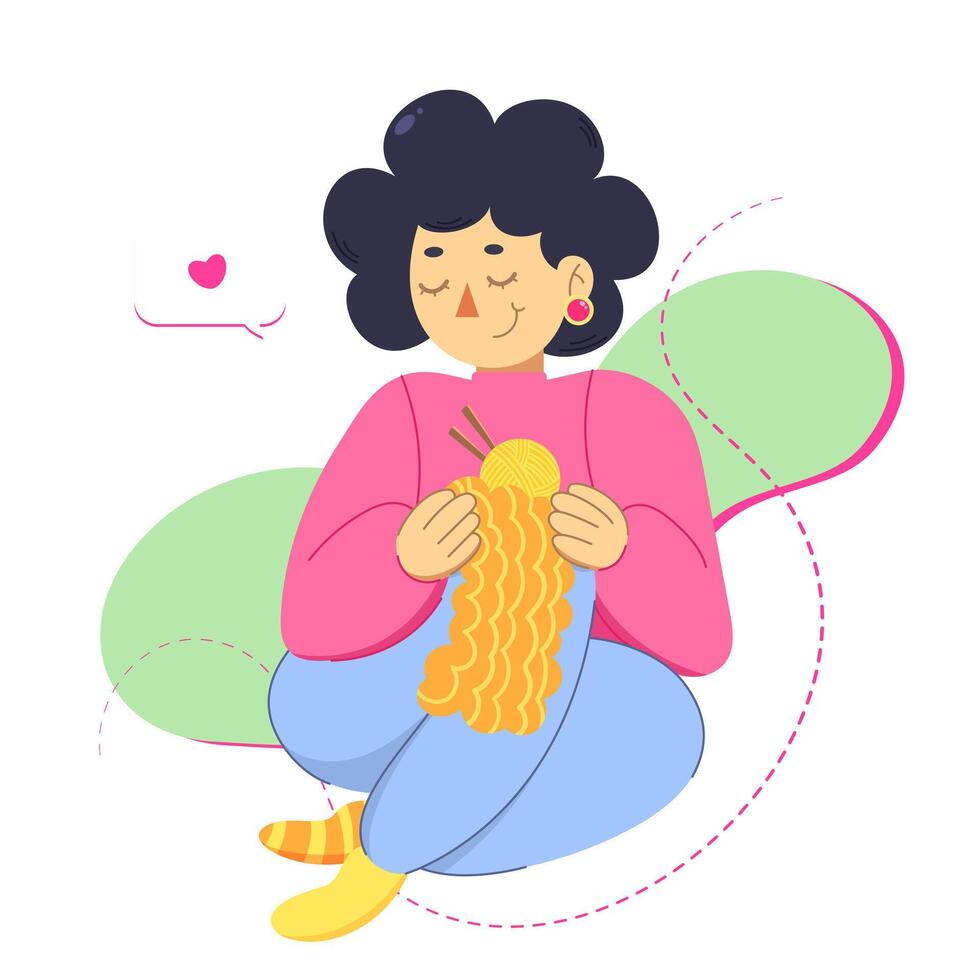 Color vector illustration with a woman with yarn and a ball of thread on an abstract background