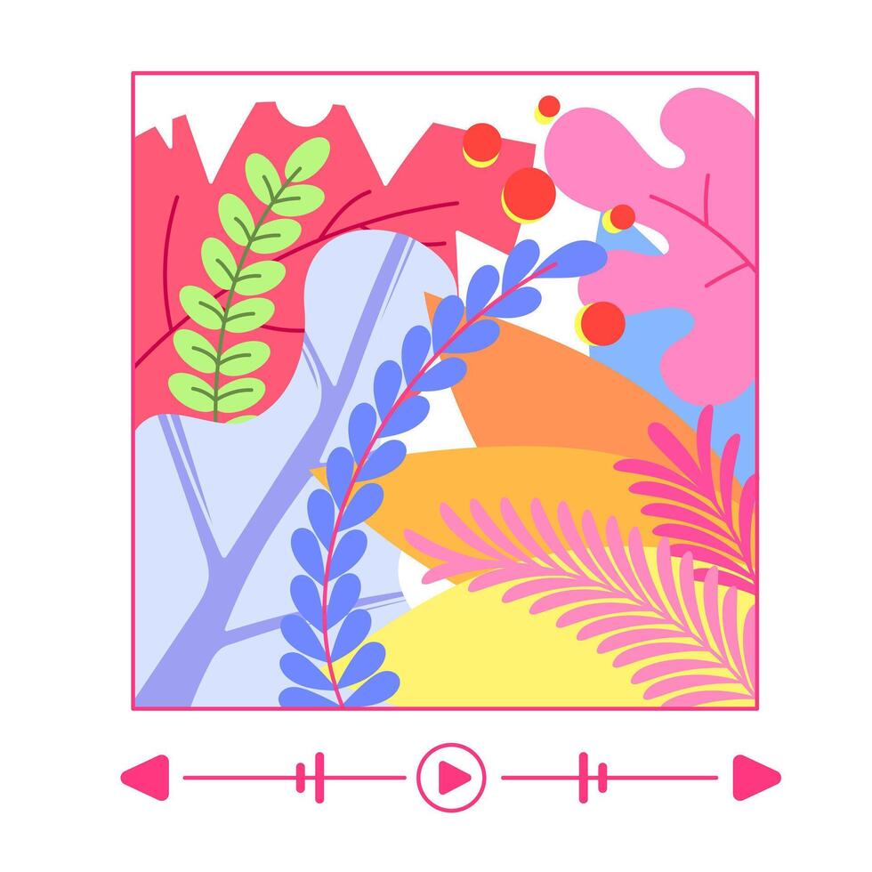Color vector illustration with various plants and trees in a frame with a music player