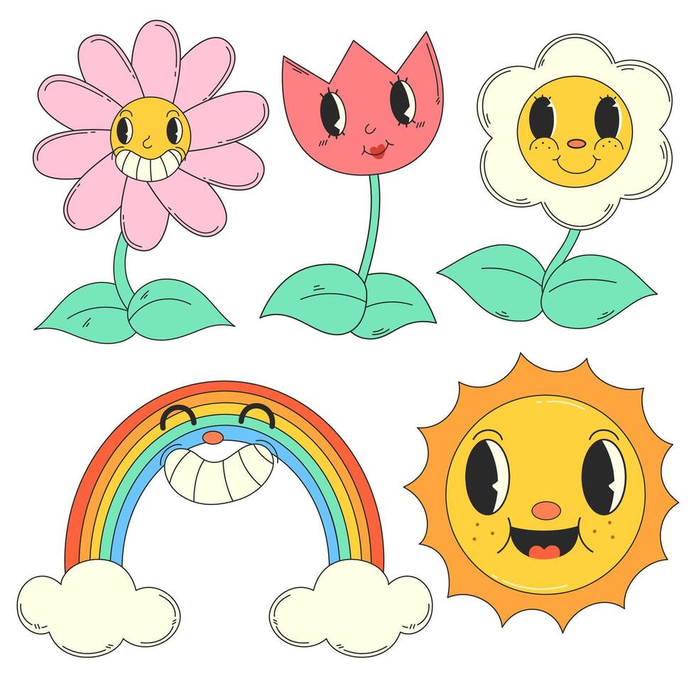 Colored vector illustration with icons in groovy style. Flowers, rainbow, sun