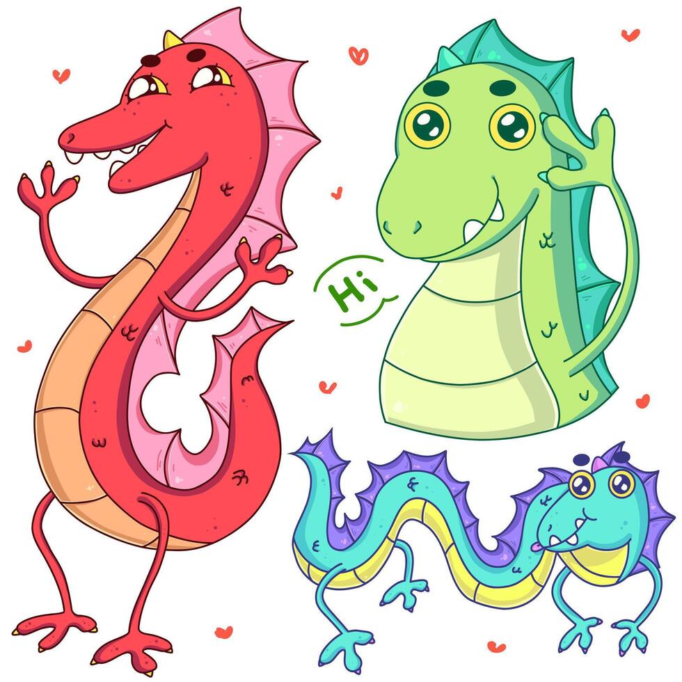 Different cute cartoon dragons in vector. red funny dragon, green friendly dragon and funny blue dragon vector