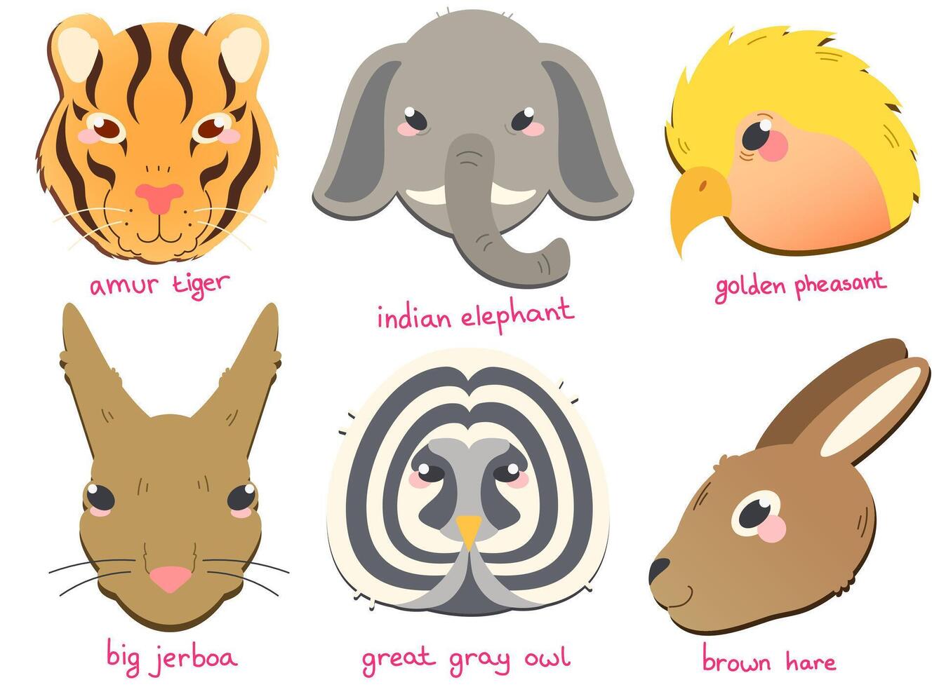Colored vector icon set in flat style with various animals from Eurasia