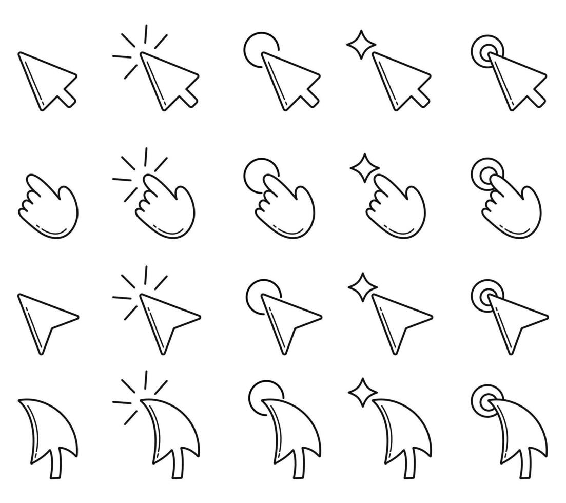 Black and white set of vector icons with cursors and clicks. Circle, dashes, hand, mouse