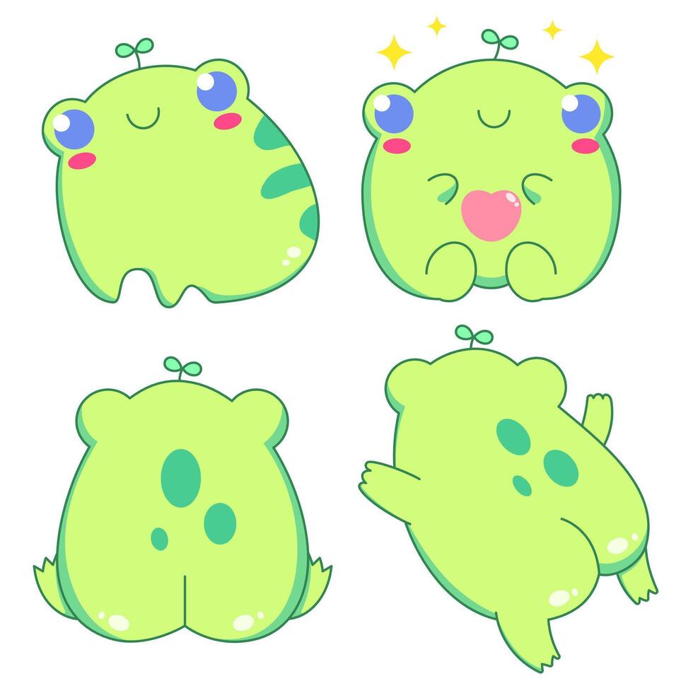 Colored vector set with cute illustrations of frogs in different poses. With spots, blush and a leaf on the head
