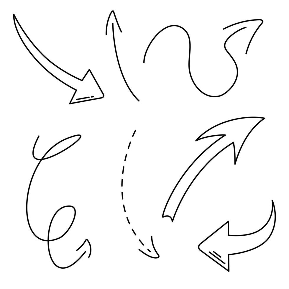 Black and white set of vector icons with various arrows and pointers. Direction, path, show, forward