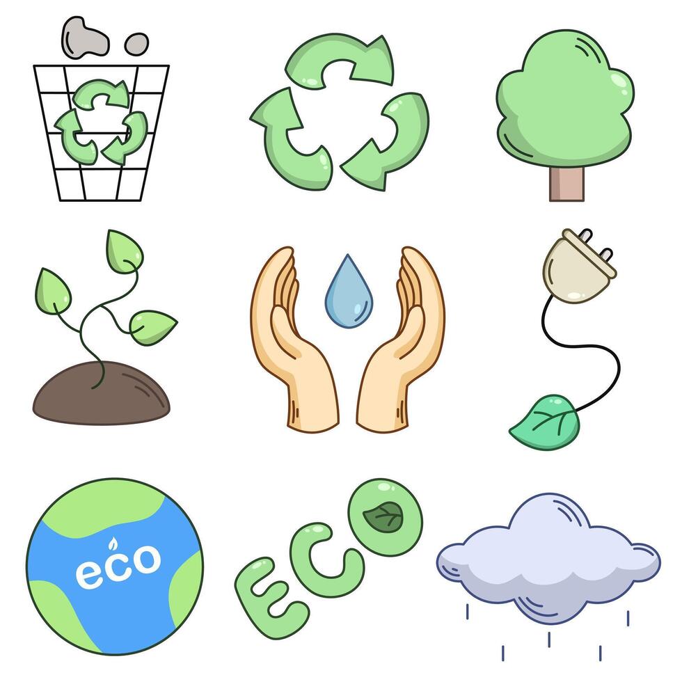 Colored vector icons on the topic of ecology. Recycling, sprout, planet, inscription, hands, charging, eco, clouds