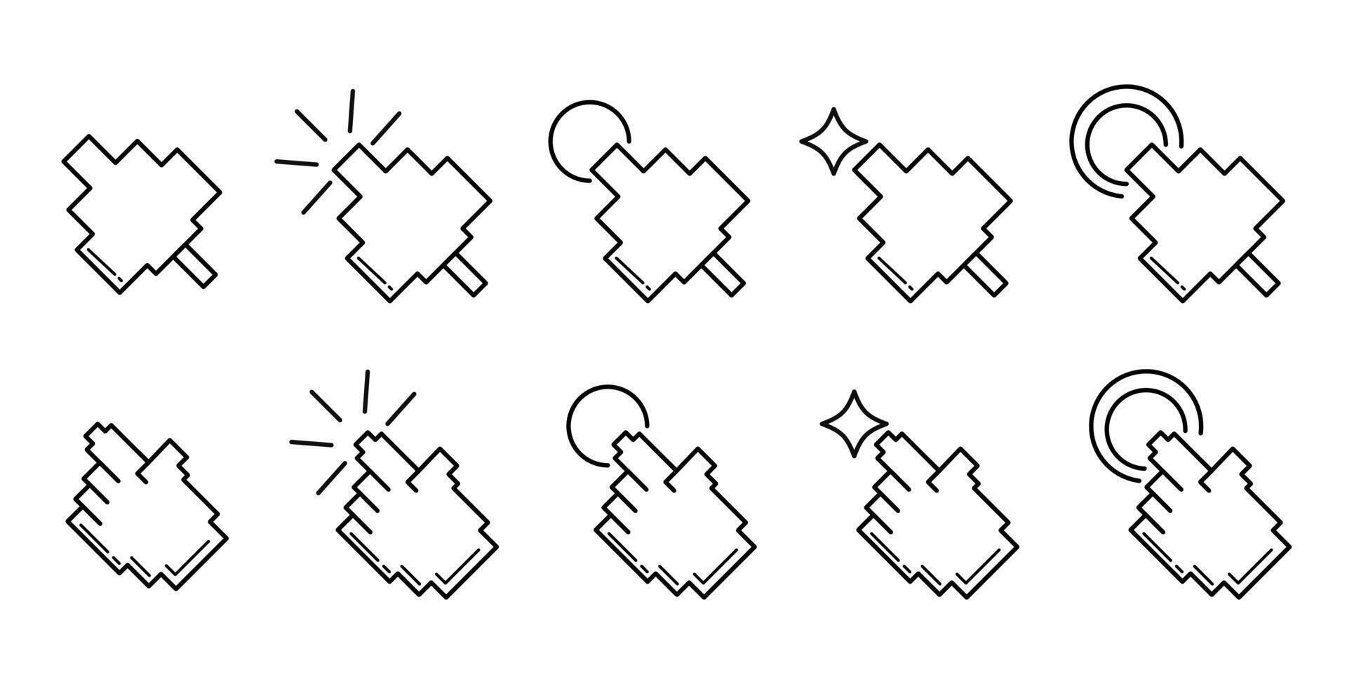 Black and white vector icon set with cursors and clicks in pixel style. Circle, line, pointer, mouse
