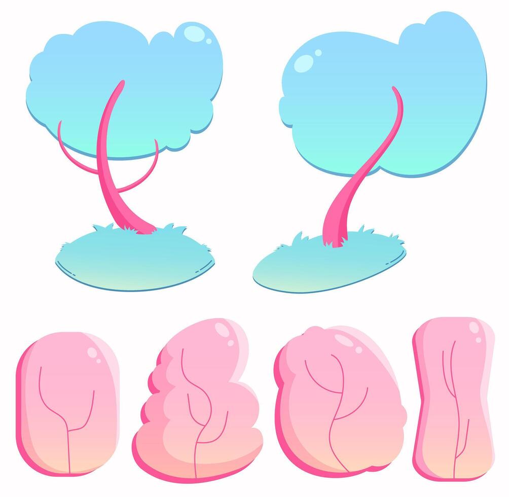 Colorful vector set with various trees and bushes in flat style with gradient. Free-form plants in hand-drawn style