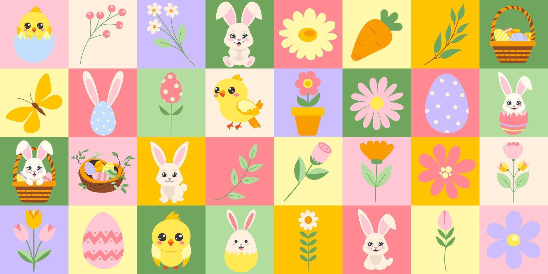 Easter icons elements with geometric pattern. Vector flat design for poster, card, wallpaper, poster, banner, packaging. Rabbit, flower, chick, egg, basket.