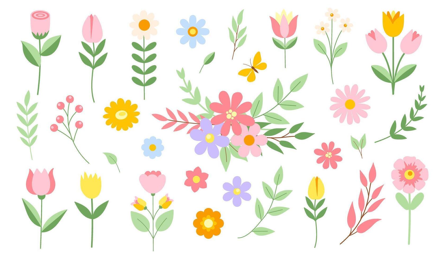 primavera flores colocar. vector plano ilustración para tarjetas, carteles, pancartas