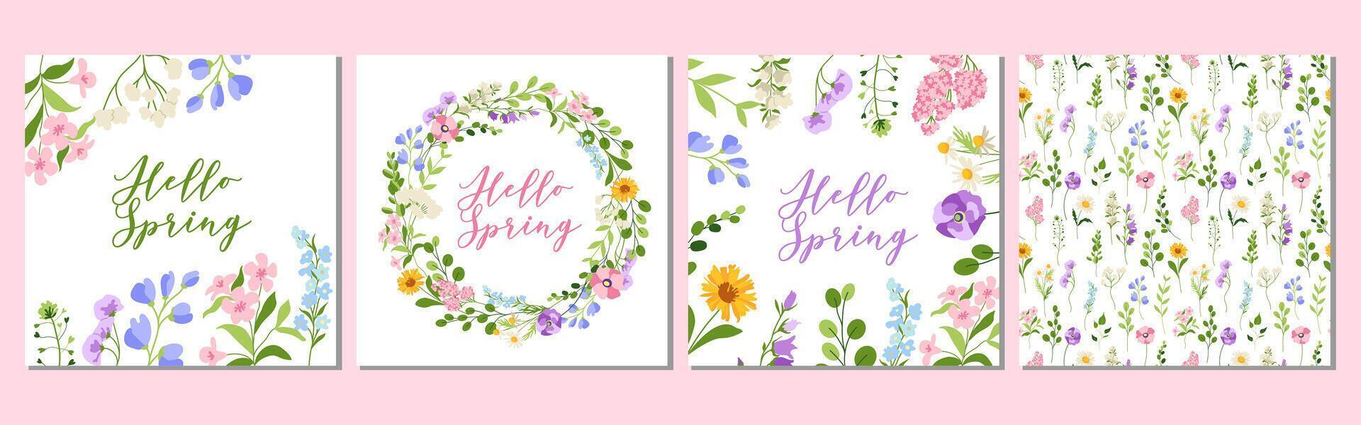 conjunto de primavera saludo tarjetas con flores, guirnalda, marco, sin costura patrón, Hola primavera ilustración para tarjeta postal, póster, bandera vector