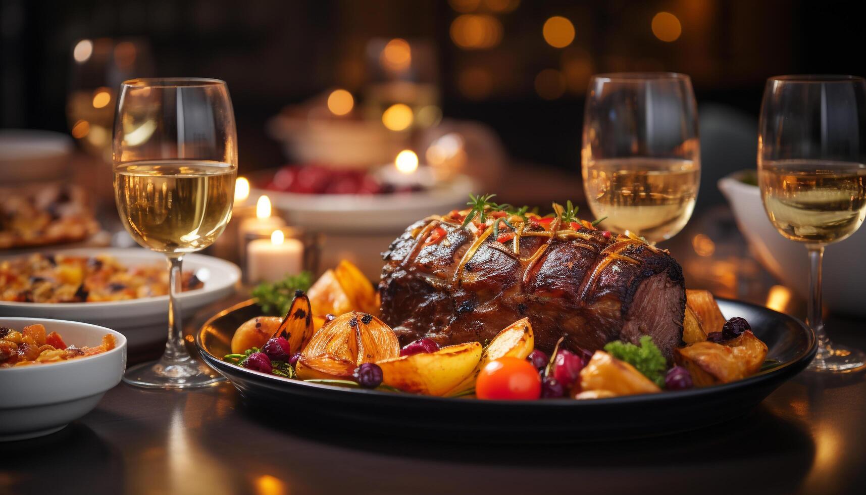AI generated Gourmet meal, celebration of fresh cooked meat, wineglass on table generated by AI photo