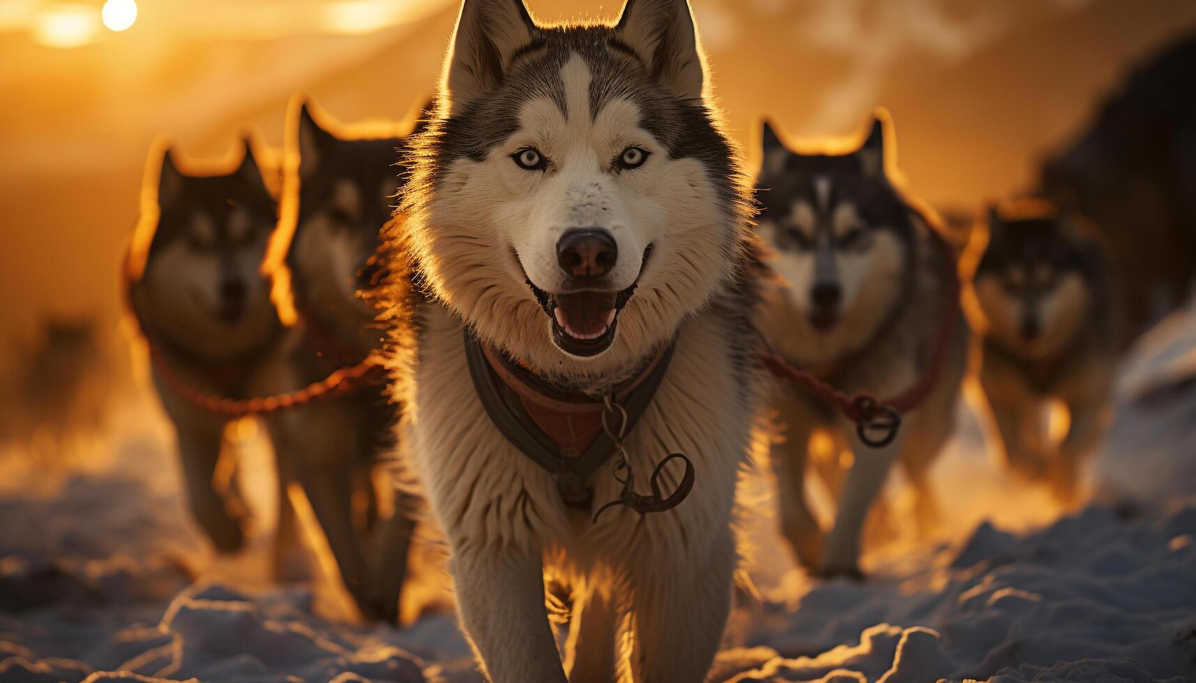 AI generated A cute malamute puppy running in the snowy outdoors generated by AI photo