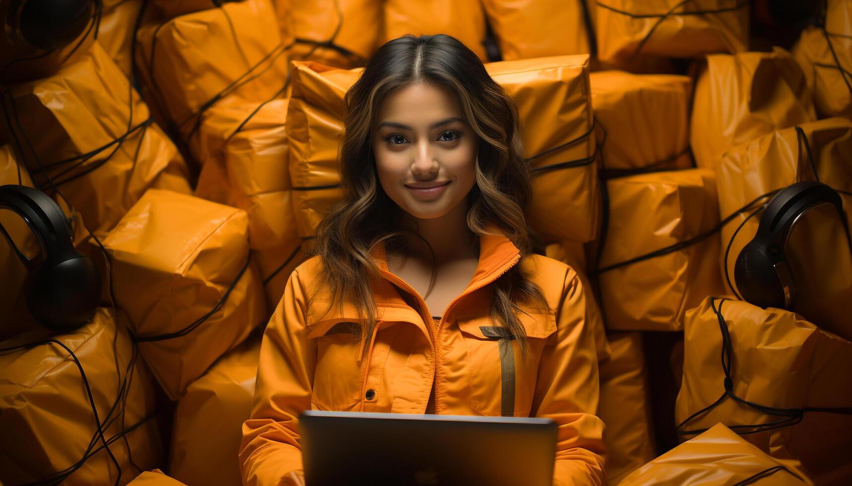 AI generated One young woman smiling, looking at camera, holding digital tablet generated by AI photo