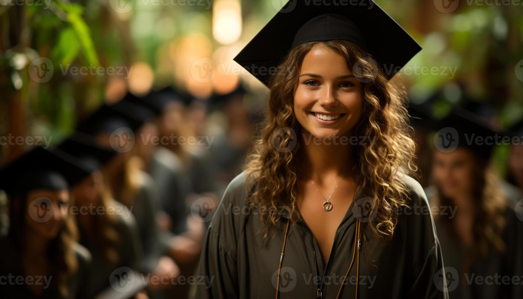 ai generado joven mujer en graduación vestido sonriente con confianza, celebrando éxito generado por ai foto