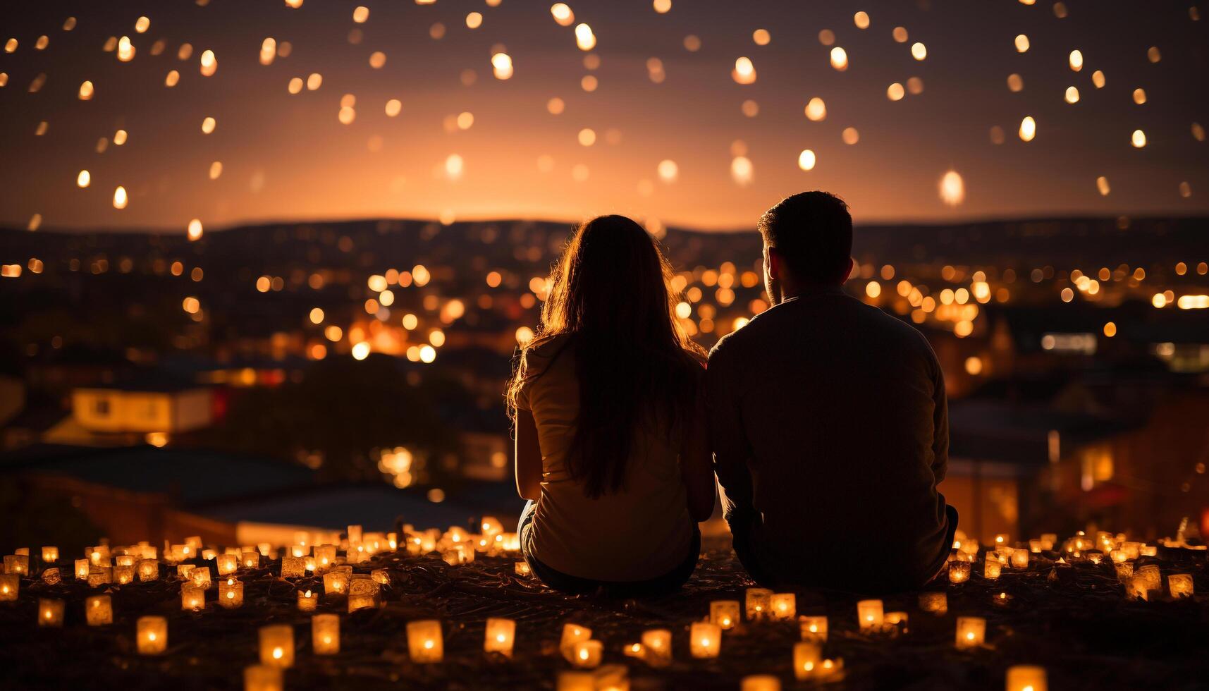 AI generated Young couple embracing, enjoying a romantic sunset by the fire generated by AI photo