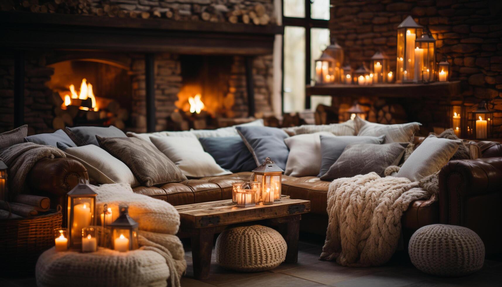 AI generated Cozy living room with fireplace, candlelight, and comfortable sofa generated by AI photo