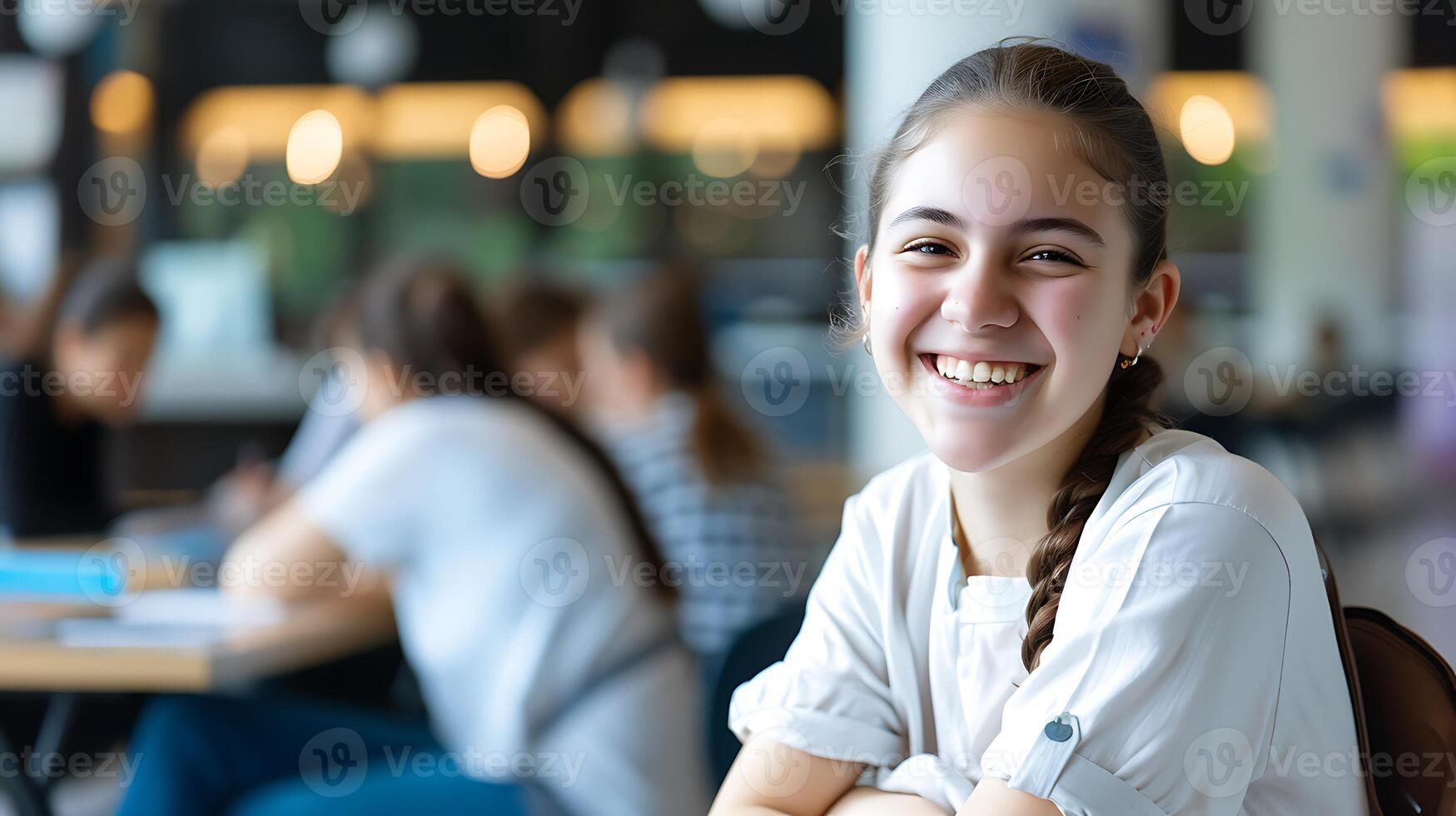 AI generated Young Girl Smiling at a Table. Generative AI. photo