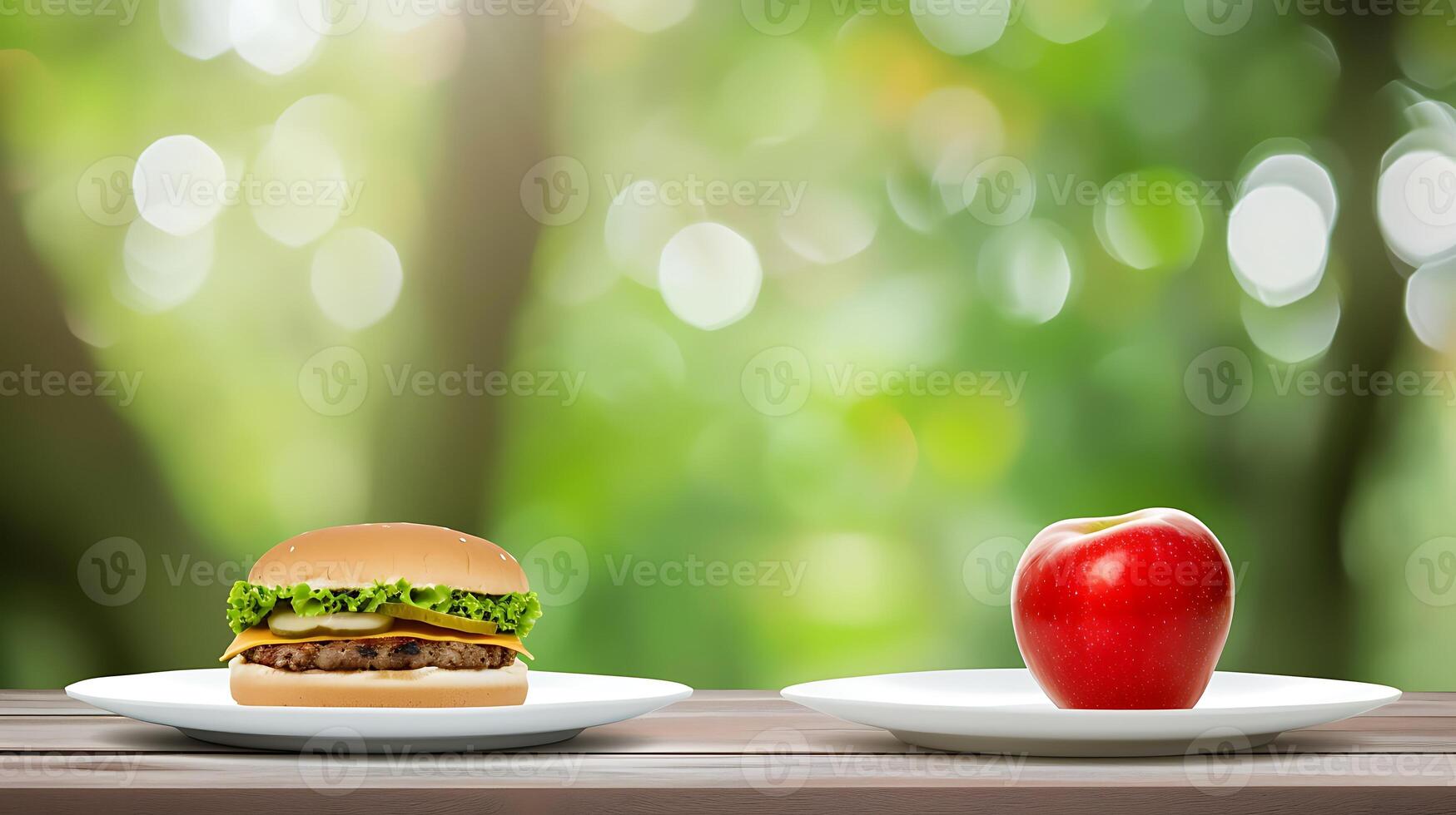 AI generated Two Plates With a Hamburger and an Apple. Generative AI. photo