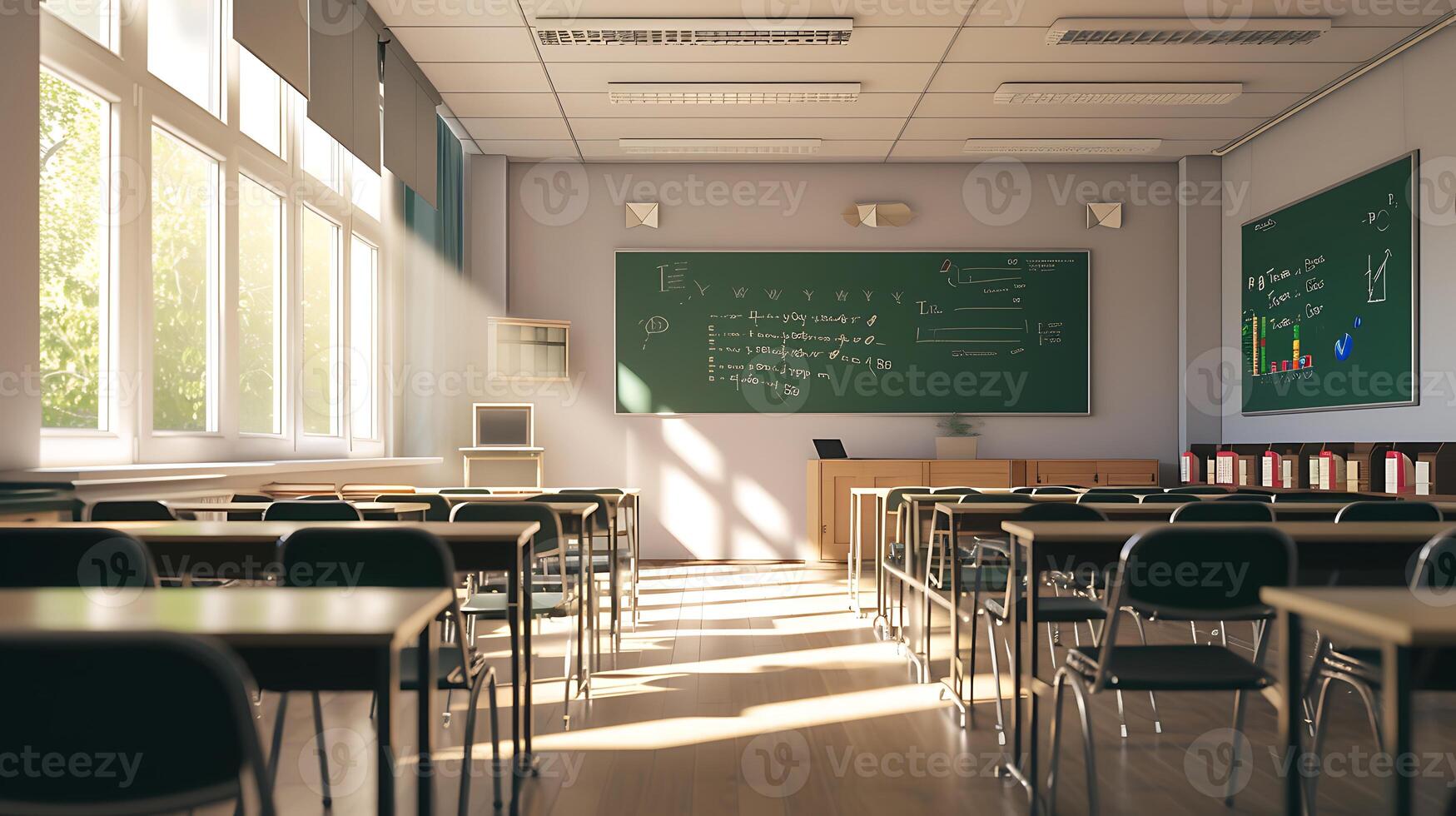 AI generated Classroom Filled With Desks and Chairs. Generative AI. photo