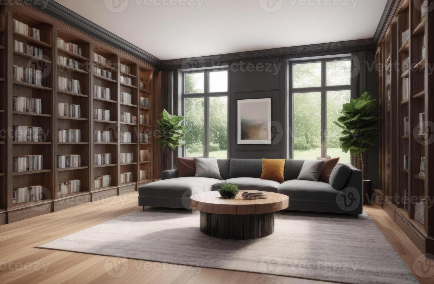 AI generated World Book and Copyright Day, international day of poets and writers, home library interior, wooden bookshelves, cozy lounge, gray sofa and coffee table photo