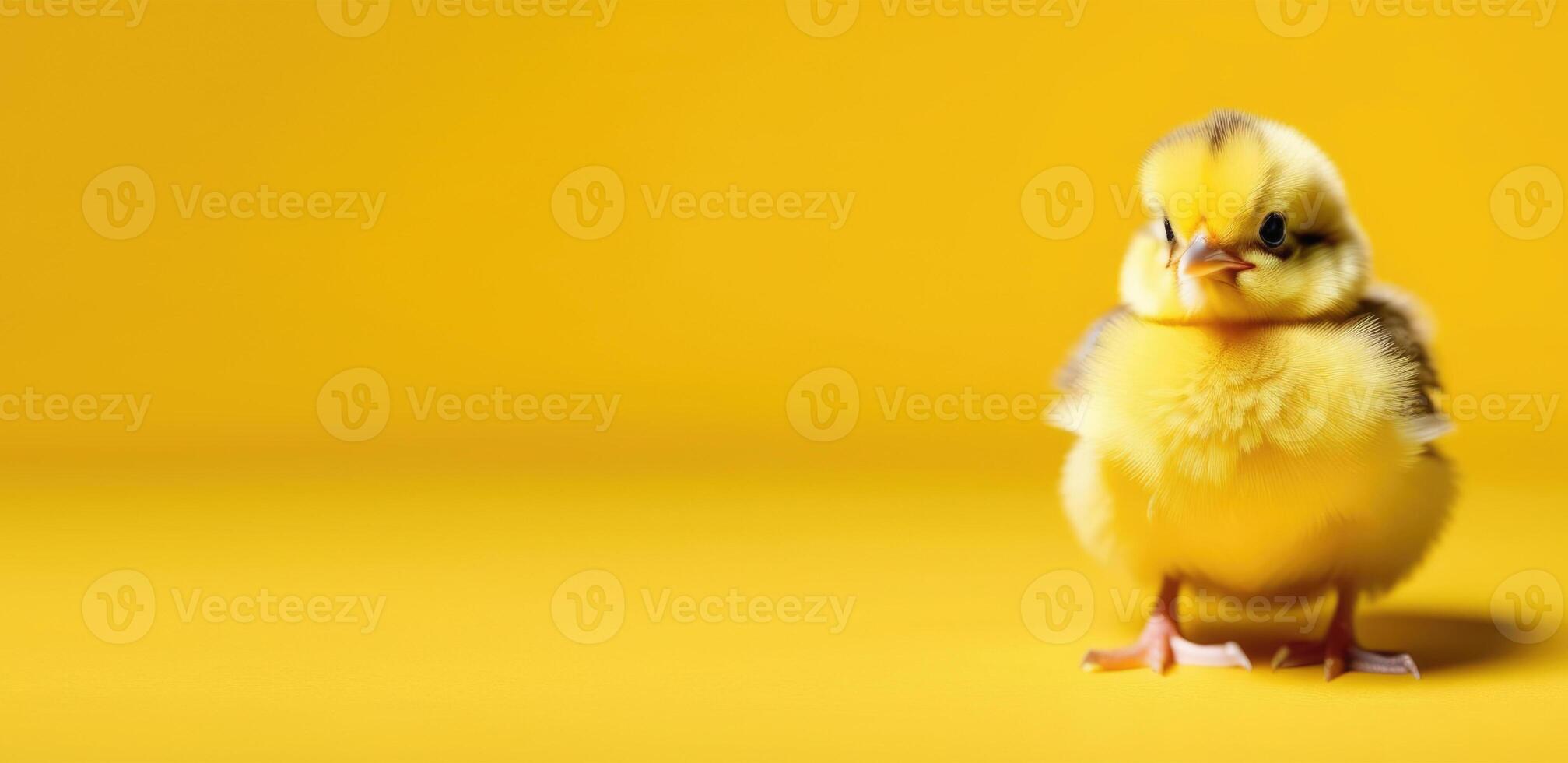 ai generado mundo pájaro día, Pascua de Resurrección, pequeño Pascua de Resurrección pollo, gracioso amarillo polluelo, aves de corral, amarillo fondo, horizontal bandera, sitio para texto foto