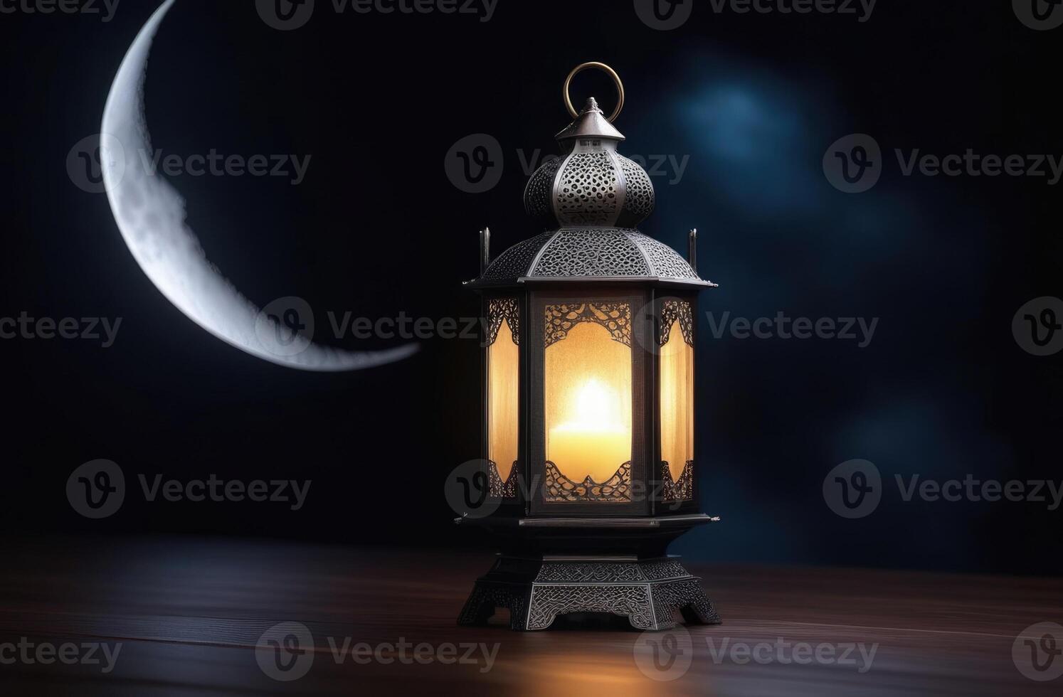 AI generated Laylat al-Qadr, Eid al-Fitr, holy month of Ramadan,lunar month, glow and stars, Arab lantern fanus on a wooden table, magical atmosphere, dark background photo