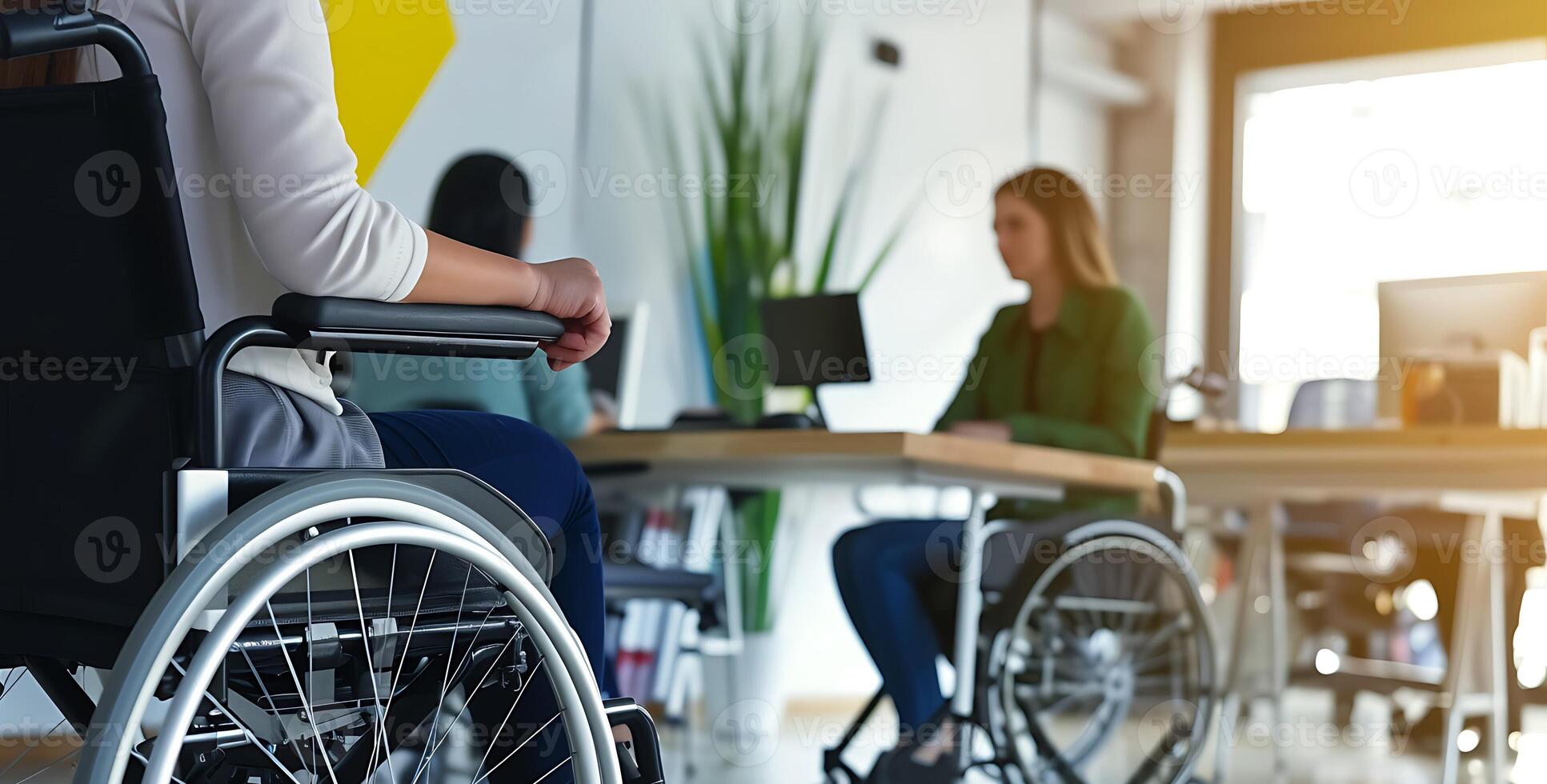 ai generado mujer sentado en silla de ruedas a mesa. generativo ai. foto