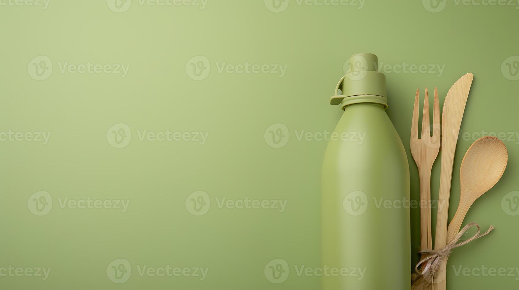 AI generated Green Bottle and Wooden Utensils on Green Wall. Generative AI. photo