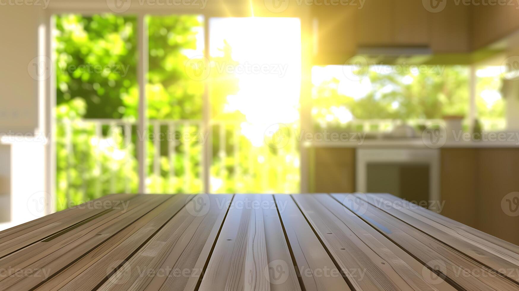 AI generated Wooden Table in Front of Window. Generative AI. photo
