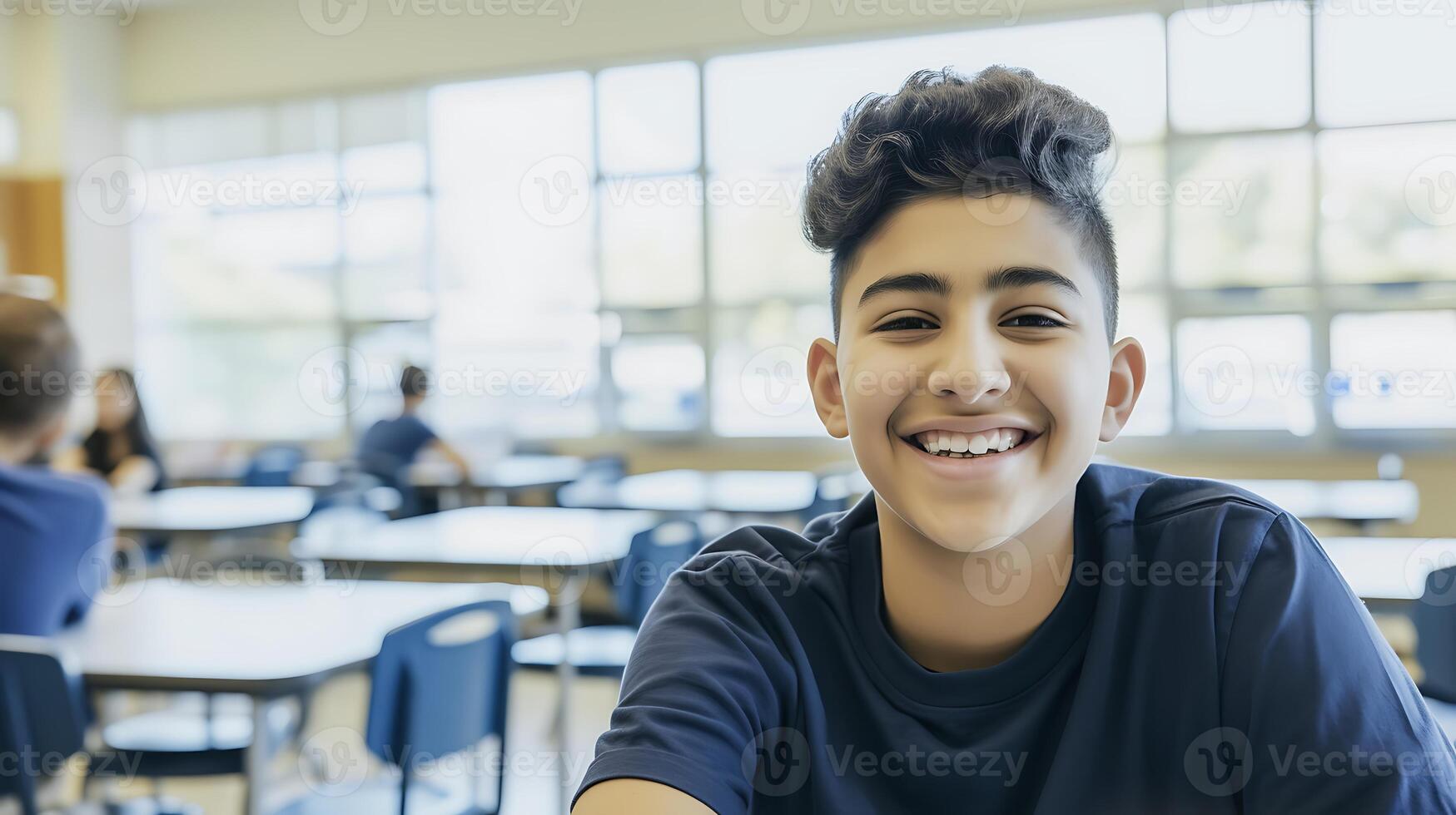 AI generated Young Man Sitting at Classroom Table. Generative AI. photo