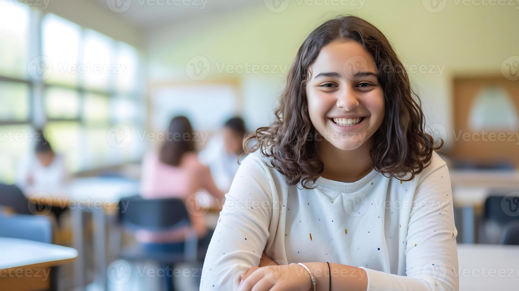 AI generated Smiling Girl Sitting at Classroom Table. Generative AI. photo