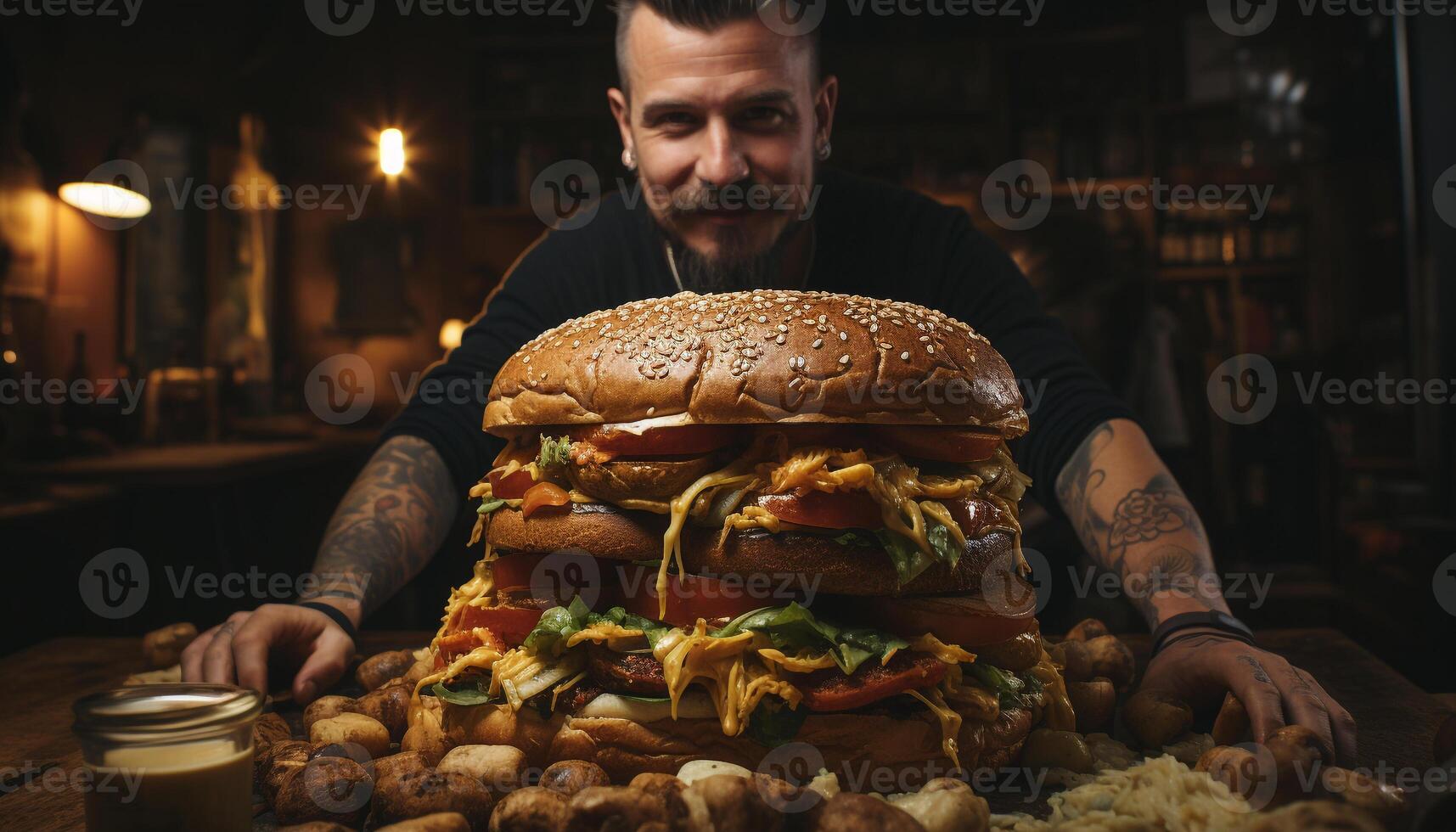 AI generated One man sitting indoors, holding a fresh grilled burger generated by AI photo