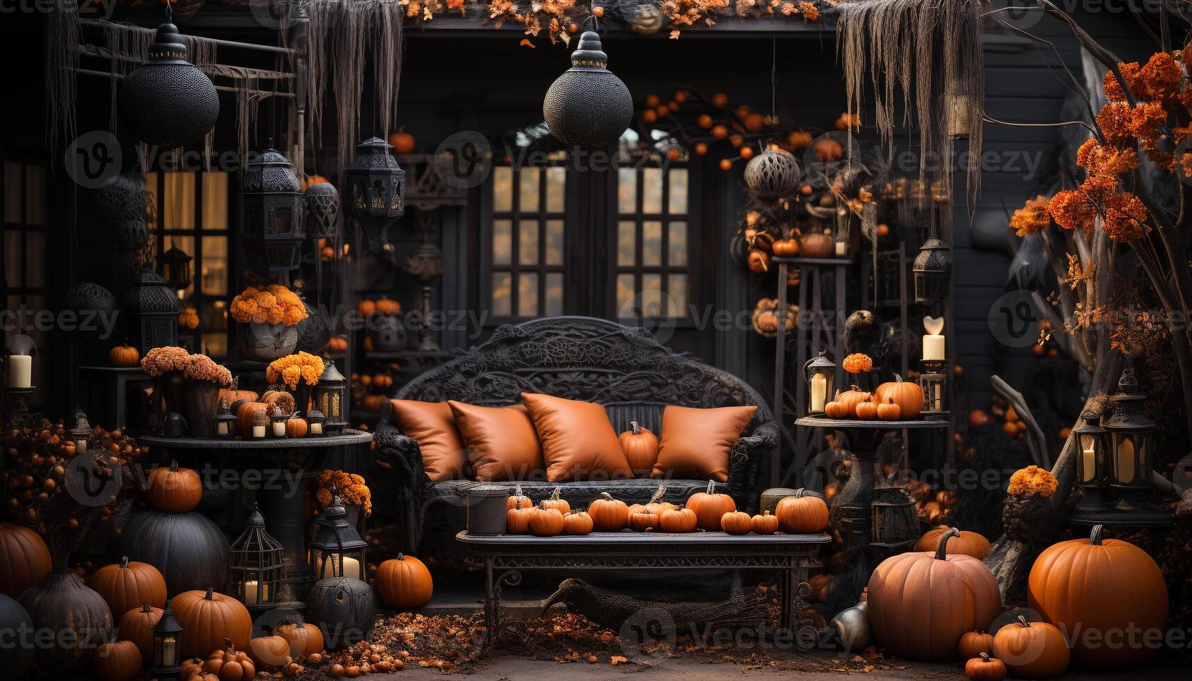 AI generated Halloween celebration spooky pumpkin lanterns decorate rustic wooden table generated by AI photo