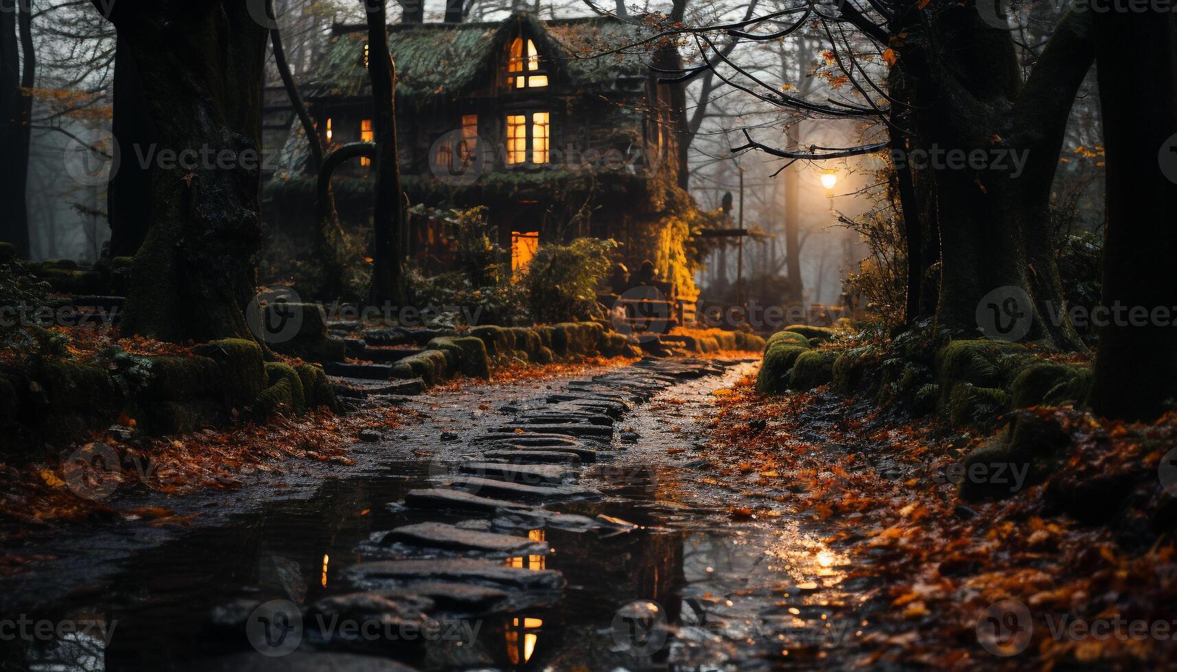 AI generated Spooky forest, dark night, mystery in abandoned building, autumn generated by AI photo