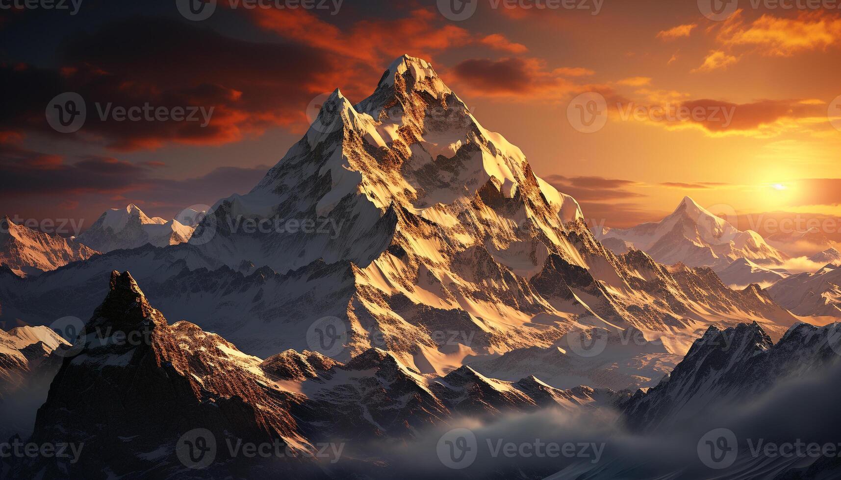 AI generated Majestic mountain peak, snowcapped and bright, silhouetted against dramatic sky generated by AI photo