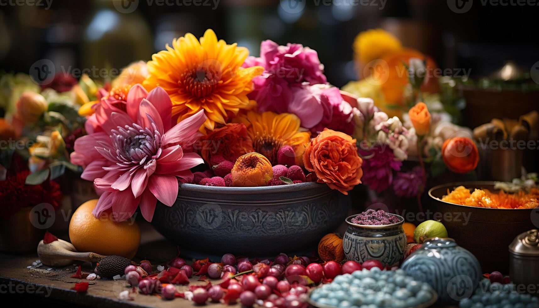 AI generated A rustic wood table with a vase of multi colored flowers generated by AI photo