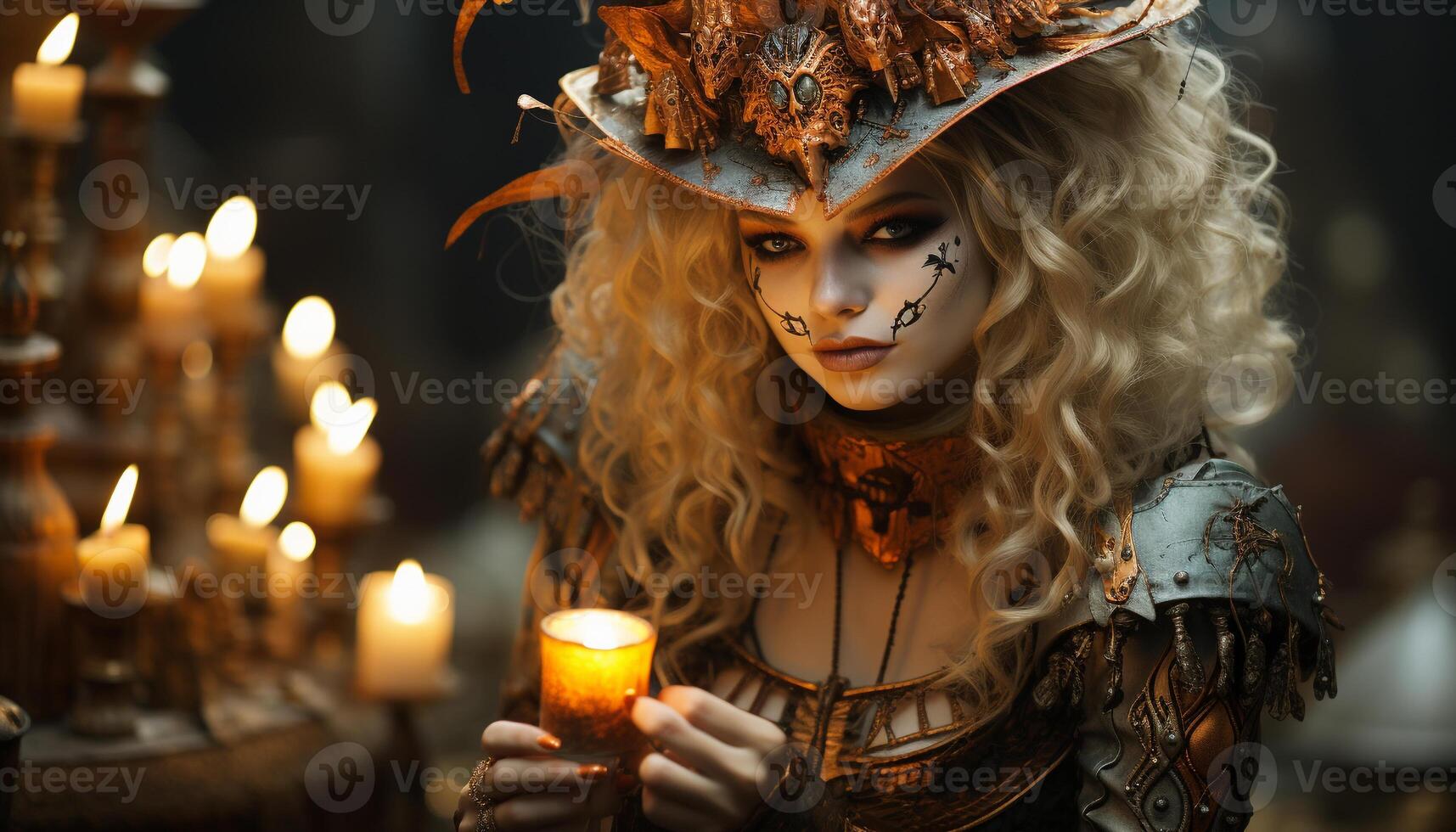 AI generated A beautiful witch celebrates Halloween with elegance and mystery generated by AI photo