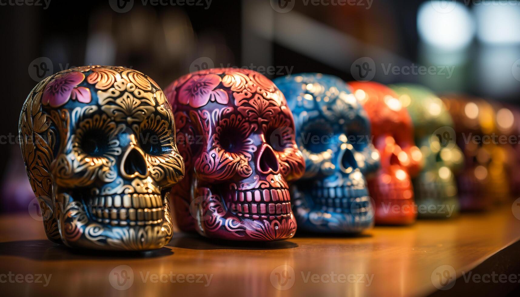 AI generated Wooden table with spooky Halloween crafts skulls, skeletons, and decorations generated by AI photo