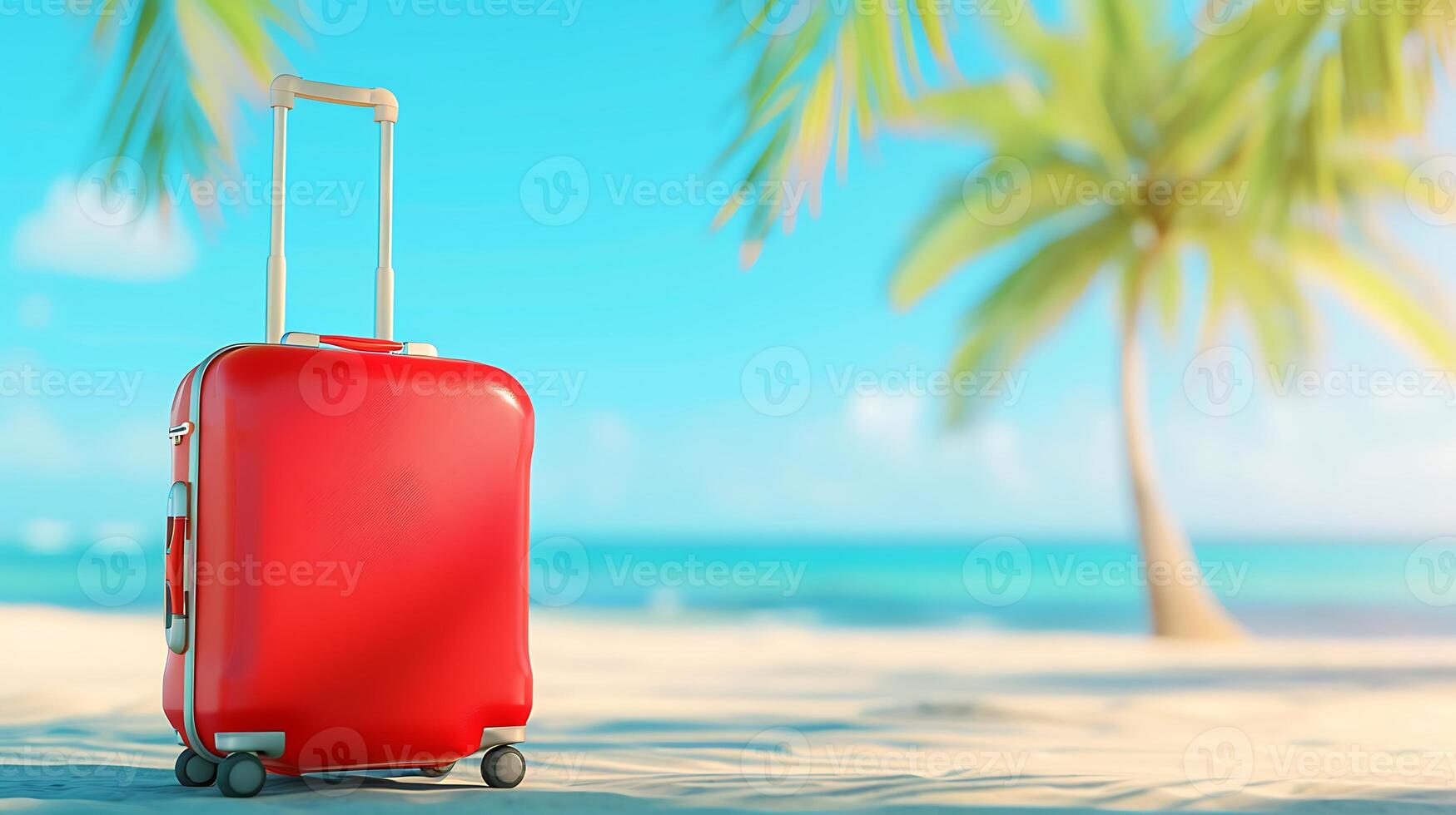 AI generated Red Suitcase Resting on Sandy Beach. Generative AI. photo