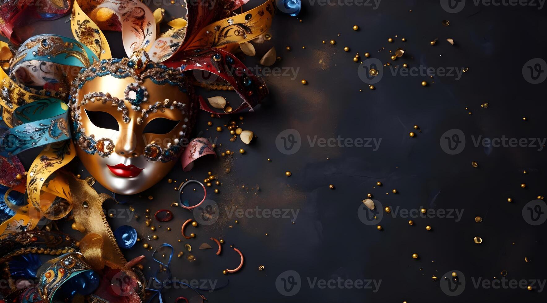 AI generated Traditional carnival masks on dark background, top view. photo