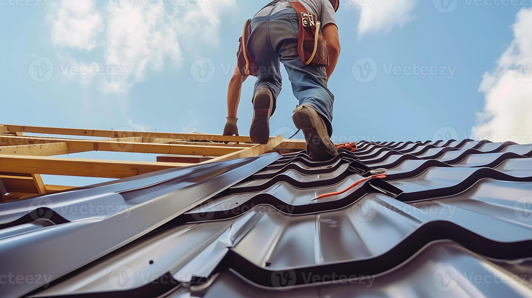 AI generated Professional Roofer Installing Metal Roof. Generative AI. photo