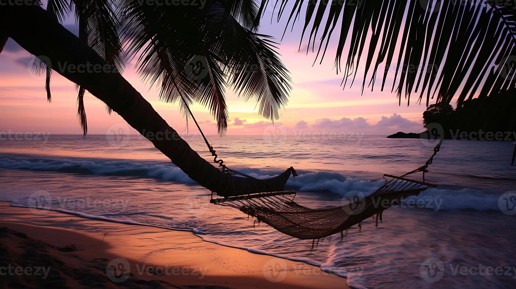 AI generated Hammock Hanging From Palm Tree on Beach. Generative AI. photo