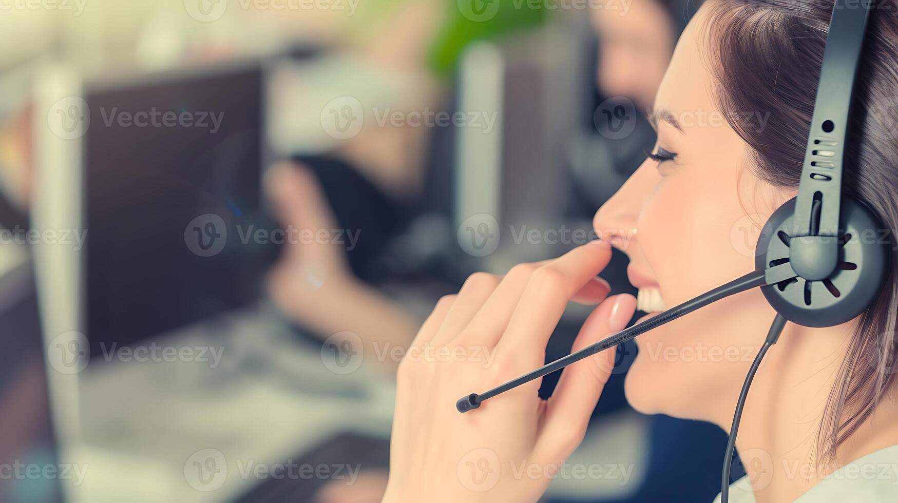 AI generated Woman Wearing Headset and Using Computer. Generative AI. photo