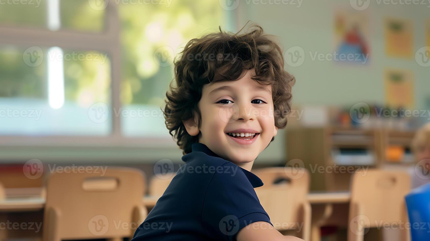 ai generado joven chico sentado a salón de clases mesa. generativo ai. foto